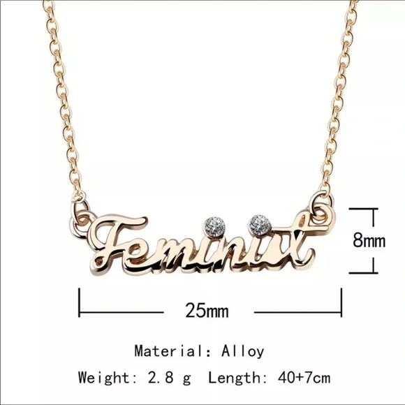 Small Gold tone w Rhinestones Feminist Necklace - Picture 5 of 8